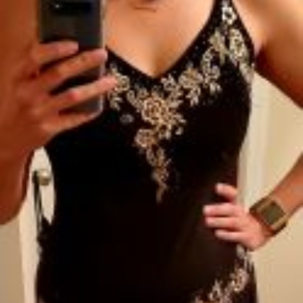 Black Embellished V-Neck Women's Dress